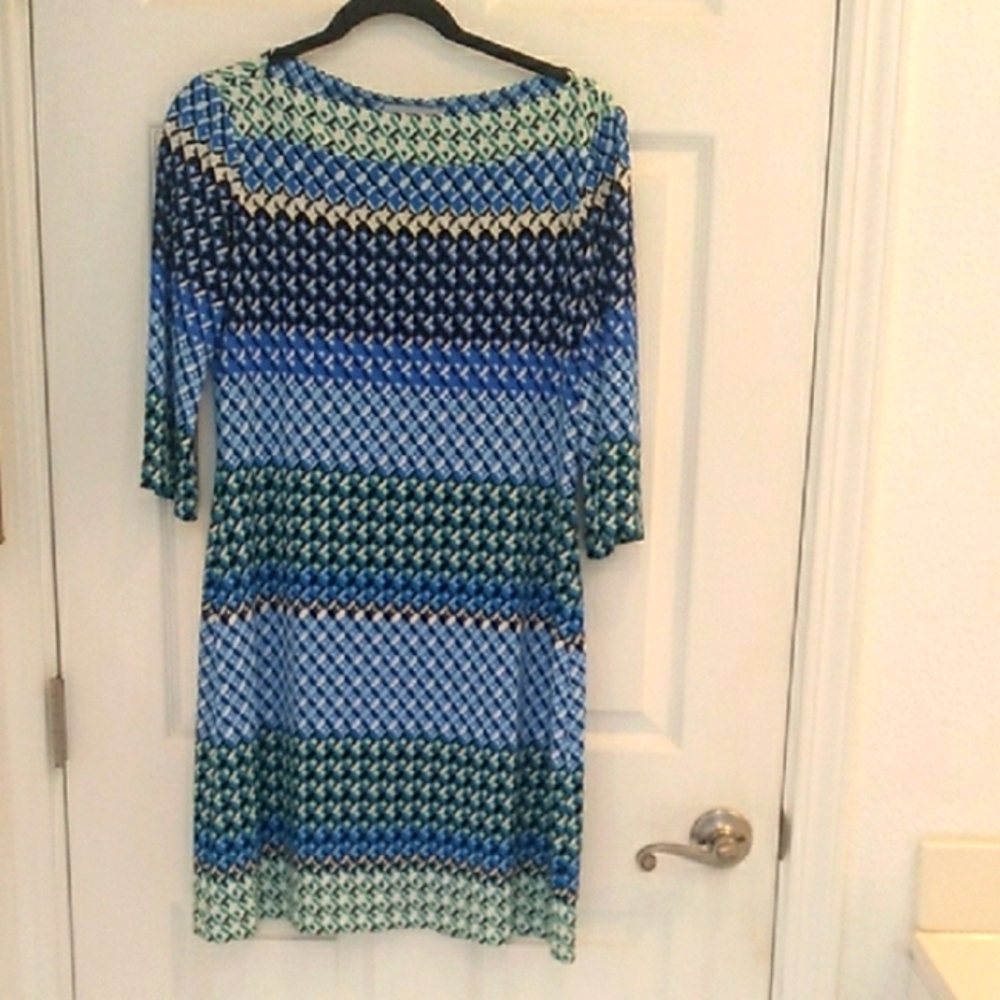 Donna Morgan Blue and Green Patterned Midi Dress